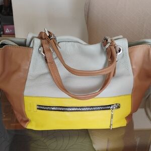 orYANY Tan, Gray, and Yellow Leather Tote Bag With Silver Hardware